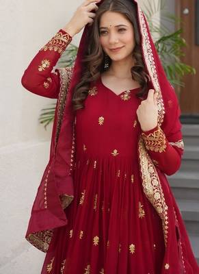 Maroon zari & sequins embroidered work roman stitched kurta gown & dupatta 4