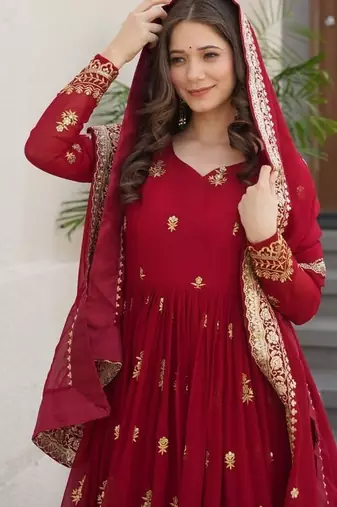 Maroon zari & sequins embroidered work roman stitched kurta gown & dupatta