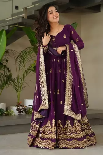 Wine zari & sequins embroidered roman Gown & dupatta