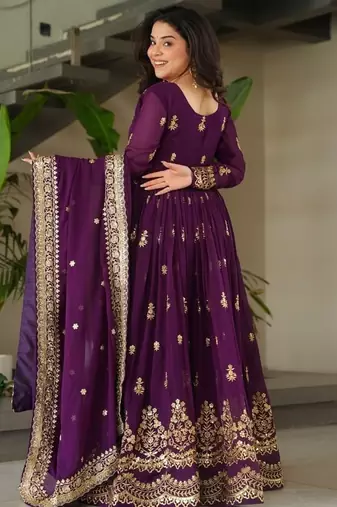 Wine zari & sequins embroidered roman Gown & dupatta