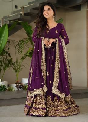Wine zari & sequins embroidered roman Gown & dupatta 4