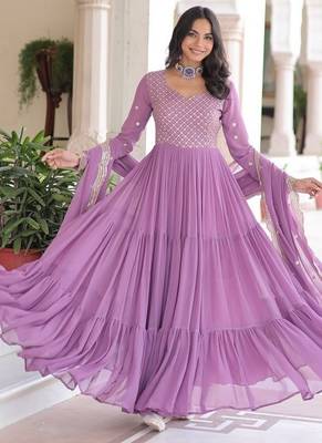 Onion zari & sequins embroidered work roman stitched kurta gown & dupatta 1