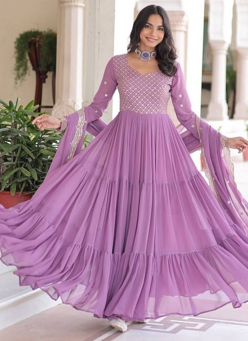 Onion zari & sequins embroidered work roman stitched kurta gown & dupatta