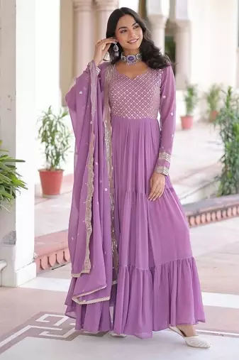 Onion zari & sequins embroidered work roman stitched kurta gown & dupatta