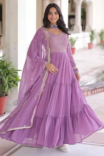 Onion zari & sequins embroidered work roman stitched kurta gown & dupatta