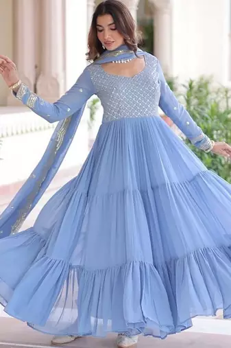 Sky zari & sequins embroidered roman Gown & dupatta