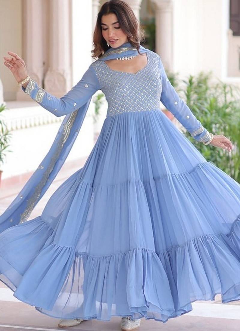 Sky zari & sequins embroidered roman Gown & dupatta