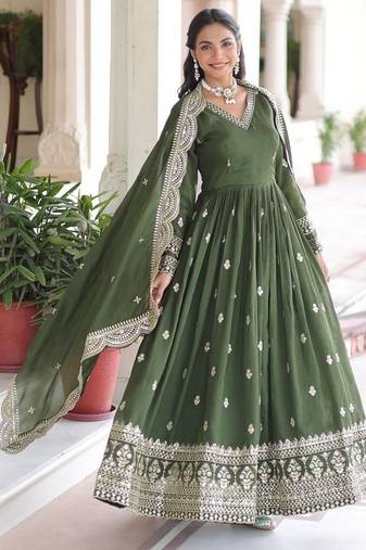 Dark green zari & sequins embroidered work roman stitched kurta gown & dupatta