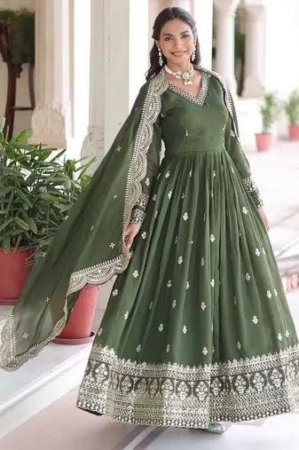 Dark green zari & sequins embroidered work roman stitched kurta gown & dupatta