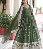 Dark green zari & sequins embroidered work roman stitched kurta gown & dupatta
