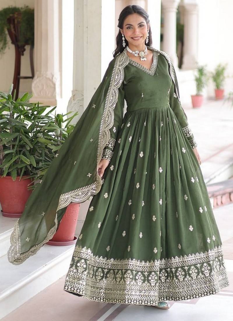 Dark green zari & sequins embroidered work roman stitched kurta gown & dupatta