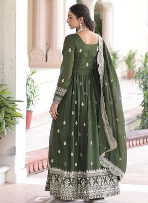 Dark green zari & sequins embroidered work roman stitched kurta gown & dupatta 3