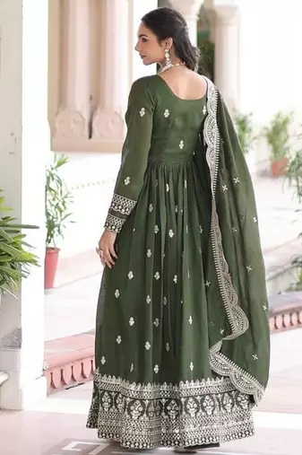 Dark green zari & sequins embroidered work roman stitched kurta gown & dupatta