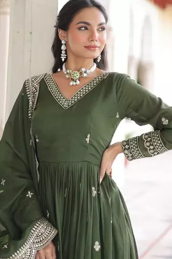 Dark green zari & sequins embroidered work roman stitched kurta gown & dupatta