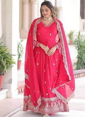 Pink zari & sequins embroidered roman Gown & dupatta 1