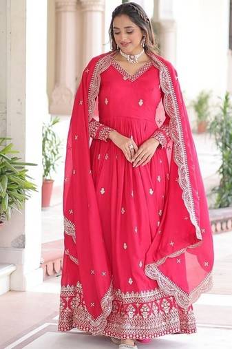 Pink zari & sequins embroidered roman Gown & dupatta