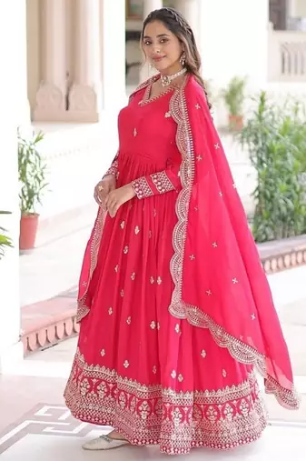Pink zari & sequins embroidered roman Gown & dupatta