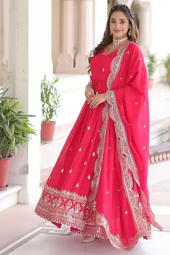 Pink zari & sequins embroidered roman Gown & dupatta