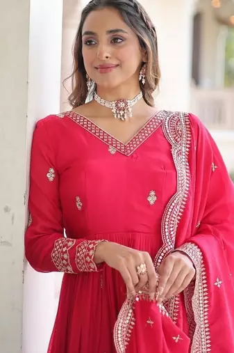 Pink zari & sequins embroidered roman Gown & dupatta