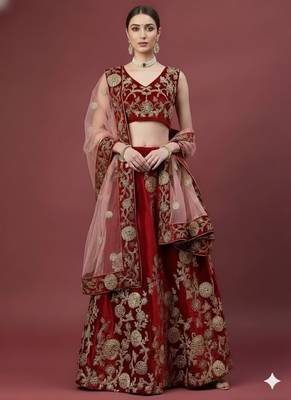  Maroon Zari Embroidered Wedding Bridal Velvet Lehenga Choli With Dupatta 1