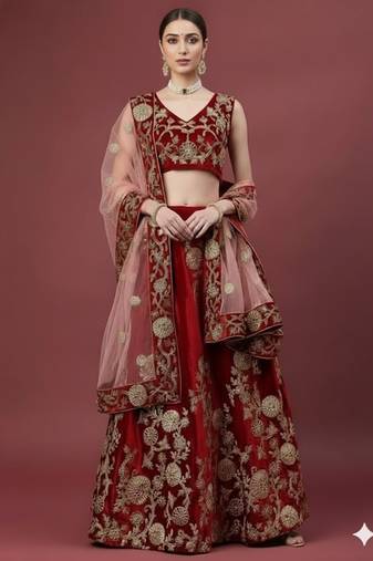  Maroon Zari Embroidered Wedding Bridal Velvet Lehenga Choli With Dupatta