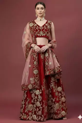  Maroon Zari Embroidered Wedding Bridal Velvet Lehenga Choli With Dupatta