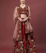  Maroon Zari Embroidered Wedding Bridal Velvet Lehenga Choli With Dupatta
