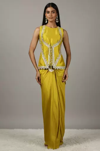 Lime Green Lace Draped Skirt Set