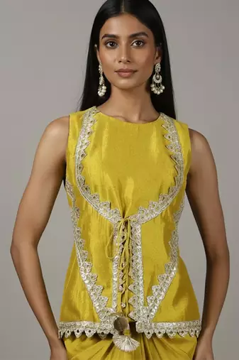 Lime Green Lace Draped Skirt Set