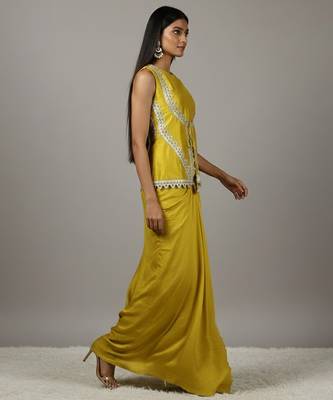 Lime Green Lace Draped Skirt Set 4