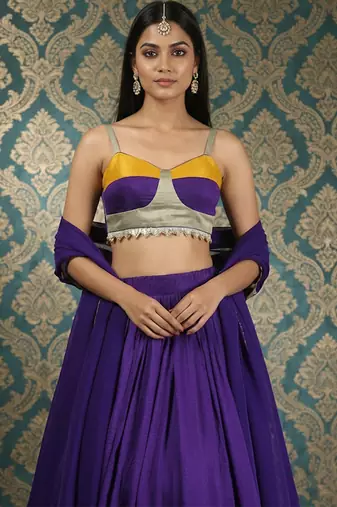 Purple Vichitra Silk Cape Lehenga Set