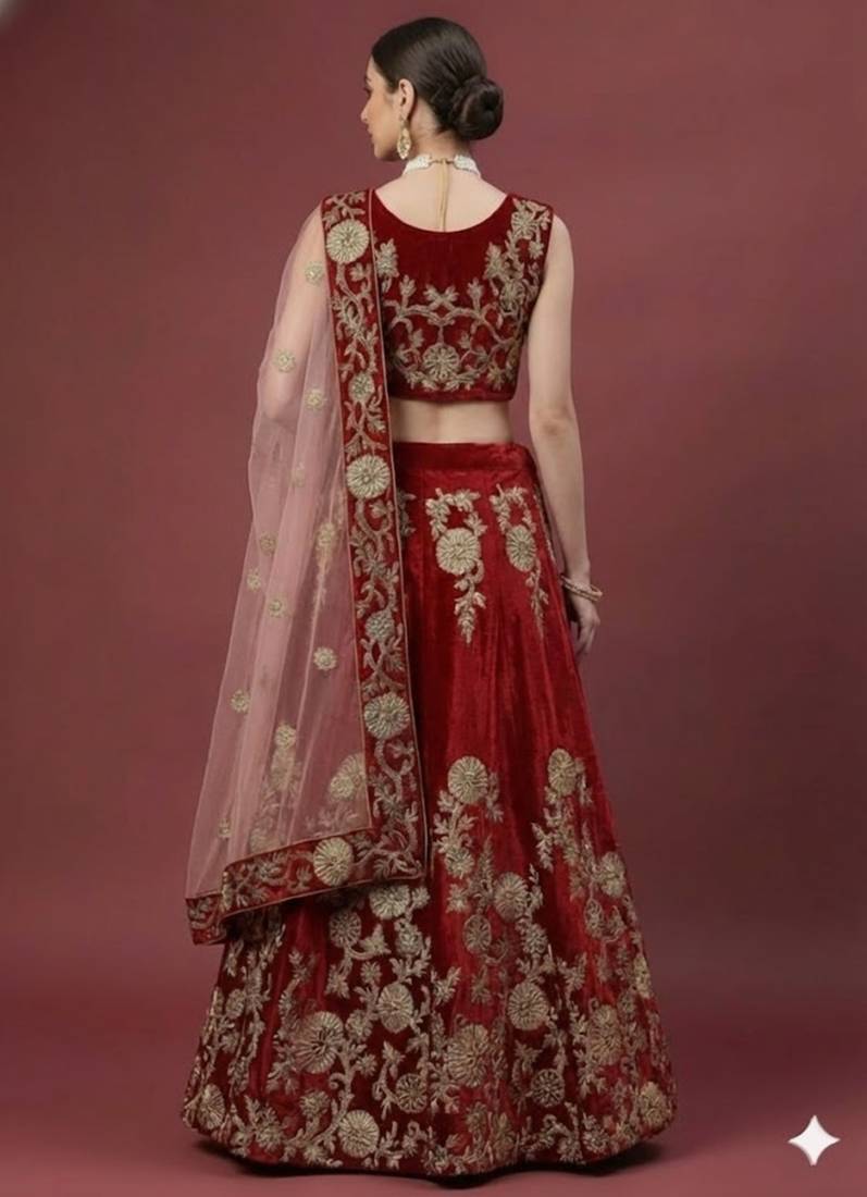 Maroon Zari Embroidered Wedding Bridal Velvet Lehenga Choli With Dupatta