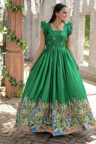 Green zari & sequins embroidered dola silk Gown