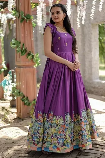 Purple zari & sequins embroidered work dola silk stitched kurta gown
