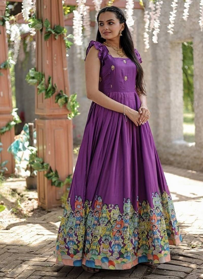 Purple zari & sequins embroidered work dola silk stitched kurta gown