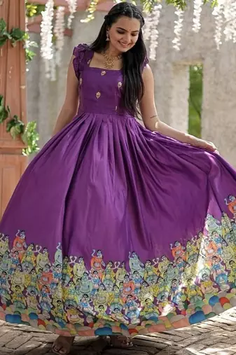Purple zari & sequins embroidered work dola silk stitched kurta gown
