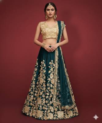 GREEN ZARI DORI & SEQUINS EMBROIDERED VELVET FESTIVE BRIDAL WEDDING & PARTY WEAR SEMI STITCHED LEHENGA CHOLI 1