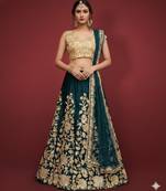 GREEN ZARI DORI & SEQUINS EMBROIDERED VELVET FESTIVE BRIDAL WEDDING & PARTY WEAR SEMI STITCHED LEHENGA CHOLI