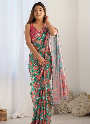 multi color chinon silk blend print work with mirror work border designer saree 1