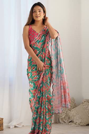 multi color chinon silk blend print work with mirror work border designer saree