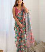 multi color chinon silk blend print work with mirror work border designer saree