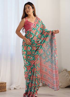 multi color chinon silk blend print work with mirror work border designer saree 2