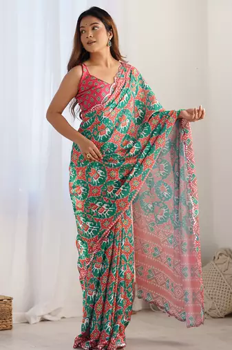 multi color chinon silk blend print work with mirror work border designer saree