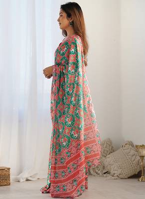multi color chinon silk blend print work with mirror work border designer saree 3