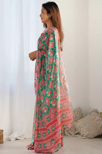 multi color chinon silk blend print work with mirror work border designer saree