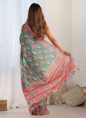 multi color chinon silk blend print work with mirror work border designer saree 4