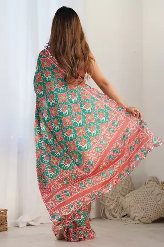 multi color chinon silk blend print work with mirror work border designer saree