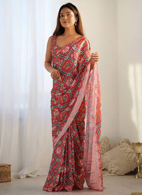 red chinon silk blend print work with mirror work border designer saree 1