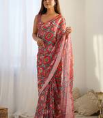 red chinon silk blend print work with mirror work border designer saree