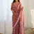 red chinon silk blend print work with mirror work border designer saree